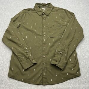 REI Co-op Button Up Shirt Mens Large Olive Green Geometric Print Outdoor Stretch
